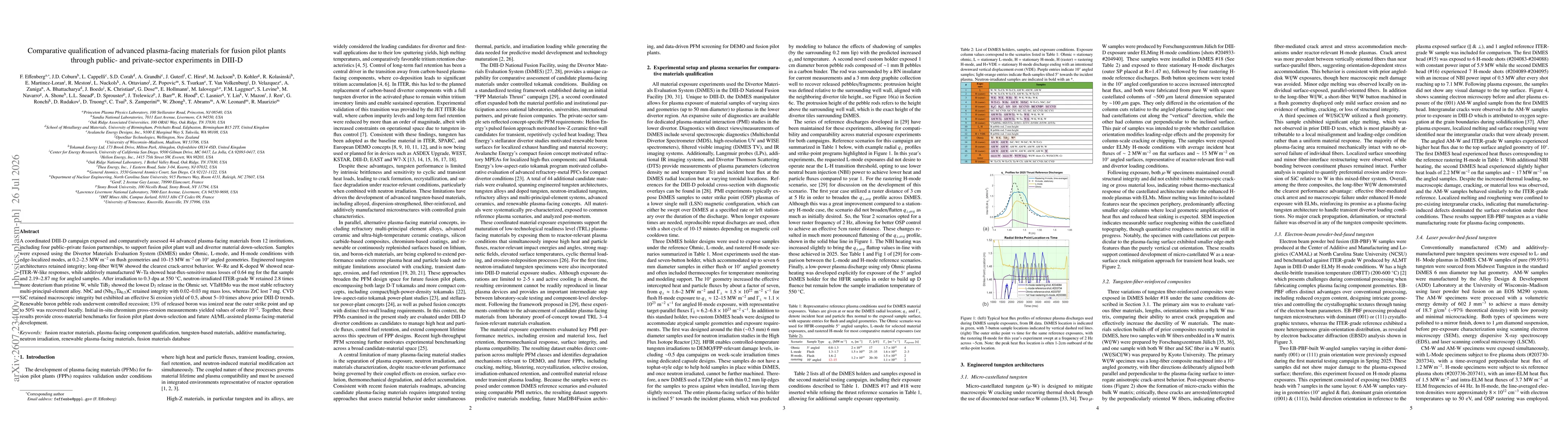 Thumbnail for Comparative qualification of advanced plasma-facing materials for fusion pilot plants through public- and private-sector experiments in DIII-D