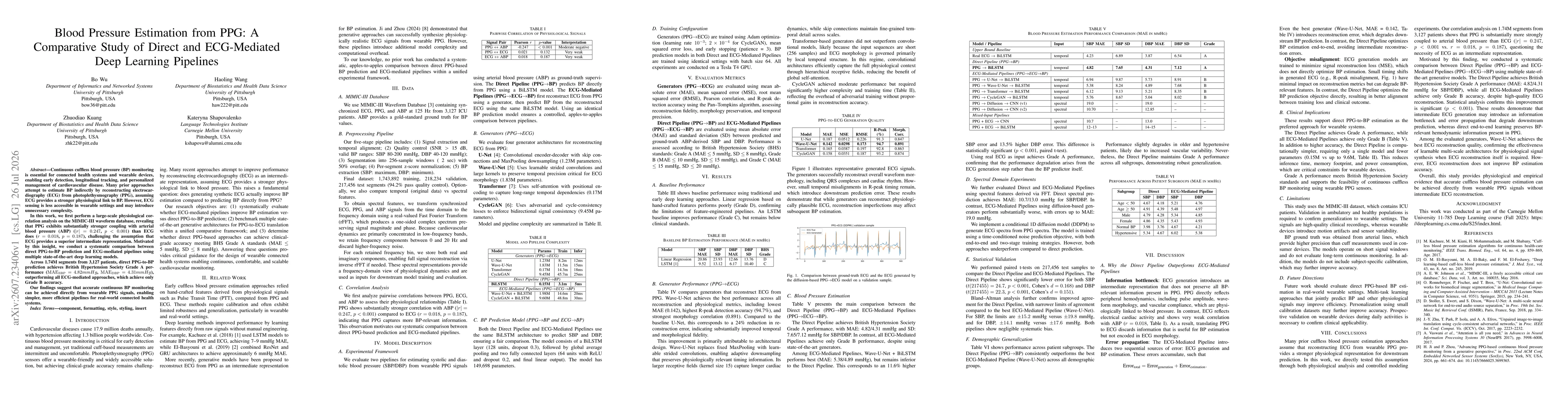 Thumbnail for Blood Pressure Estimation from PPG: A Comparative Study of Direct and ECG-Mediated Deep Learning Pipelines