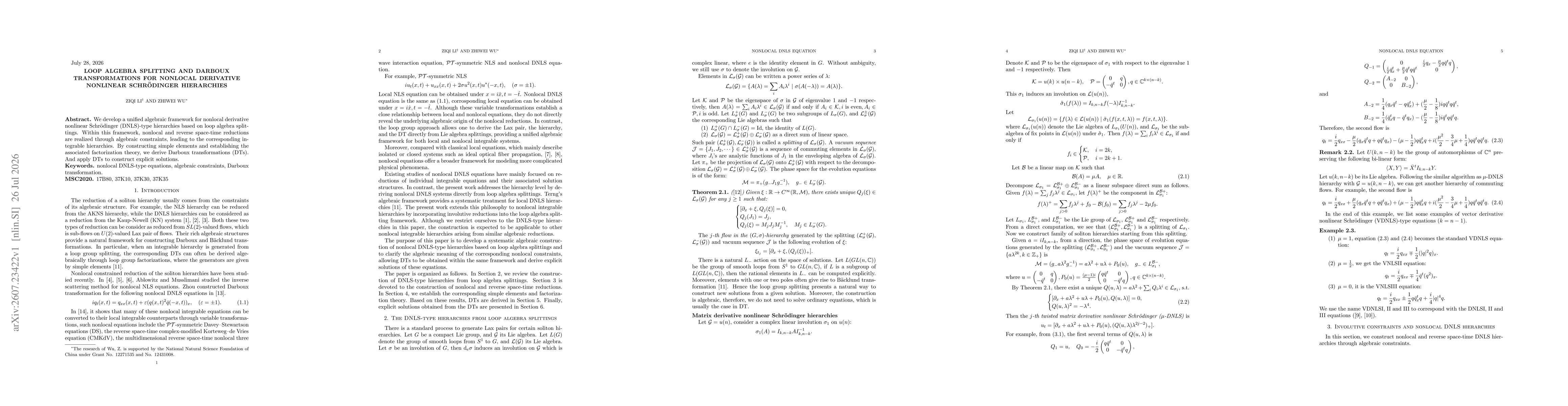 Thumbnail for Loop Algebra Splitting and Darboux Transformations for Nonlocal Derivative Nonlinear Schrödinger Hierarchies