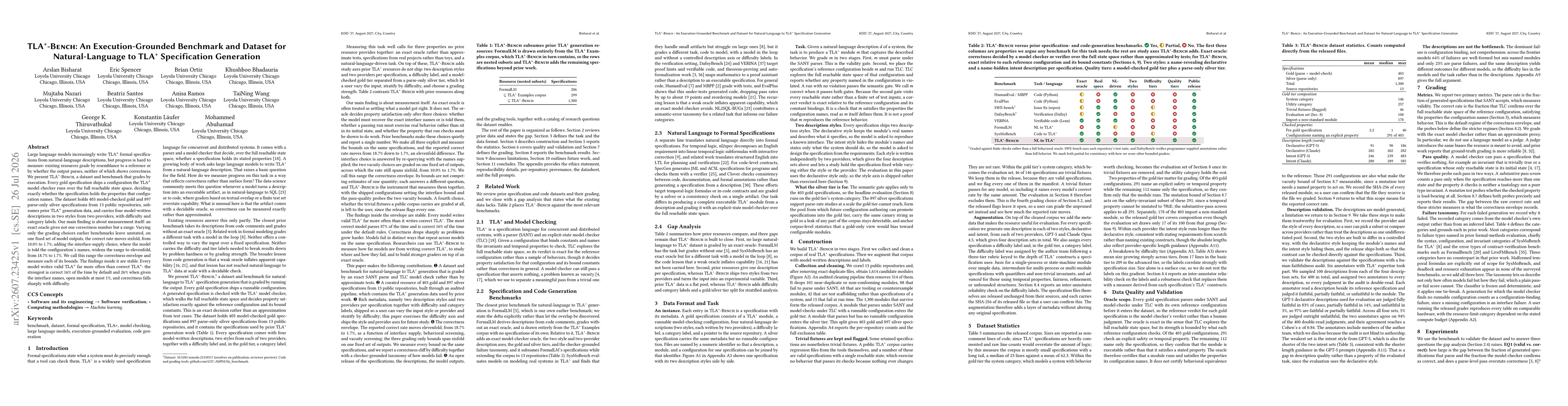 Thumbnail for TLA$^{+}$-Bench: An Execution-Grounded Benchmark and Dataset for Natural-Language to TLA+ Specification Generation