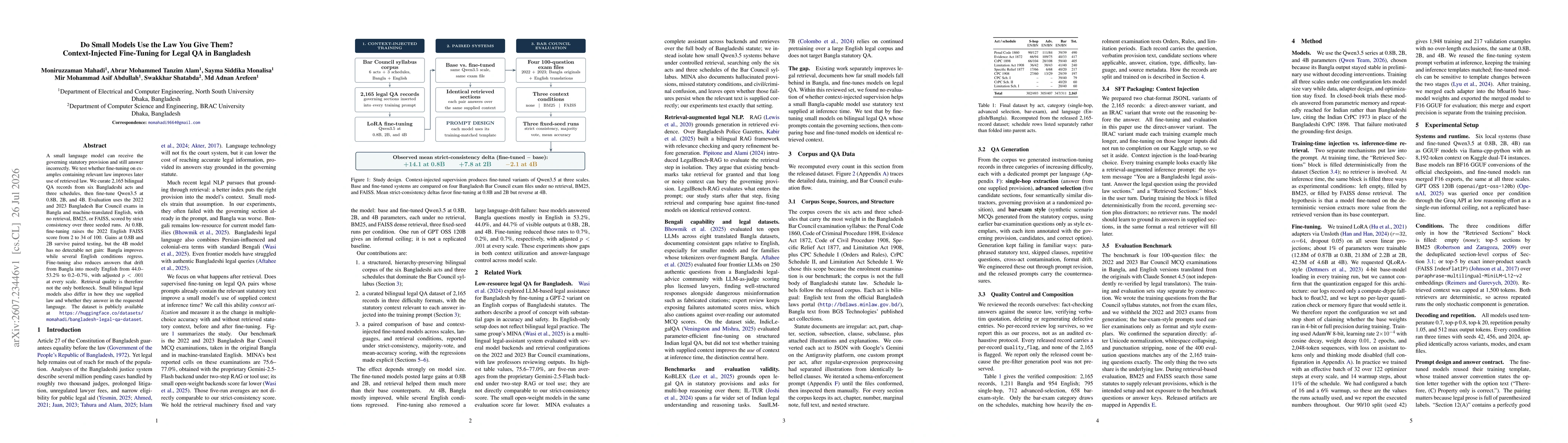 Thumbnail for Do Small Models Use the Law You Give Them? Context-Injected Fine-Tuning for Legal QA in Bangladesh