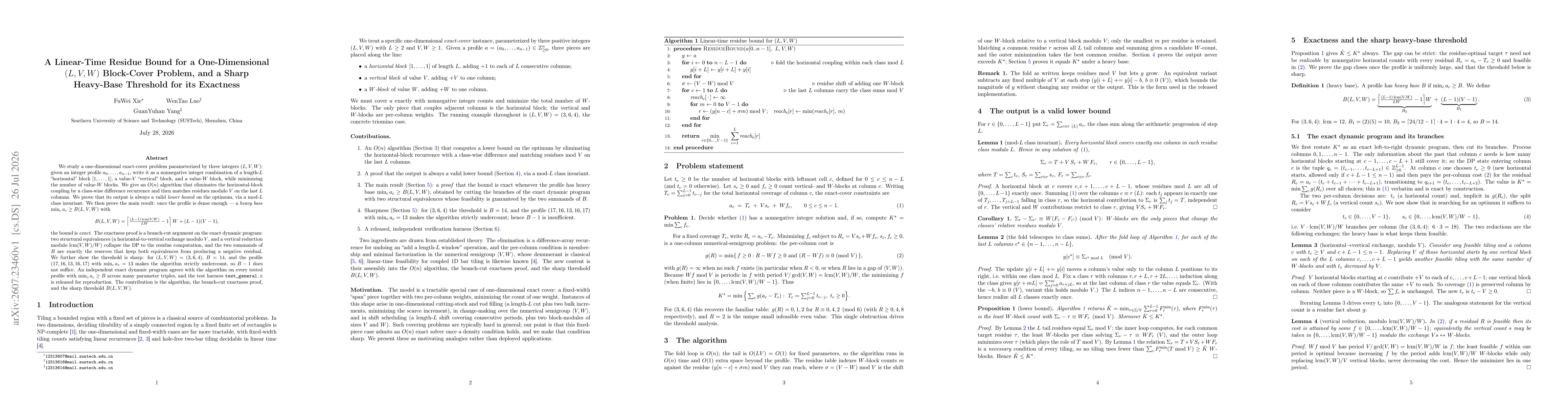 Thumbnail for A Linear-Time Residue Bound for a One-Dimensional (L,V,W) Block-Cover Problem, and a Sharp Heavy-Base Threshold for its Exactness