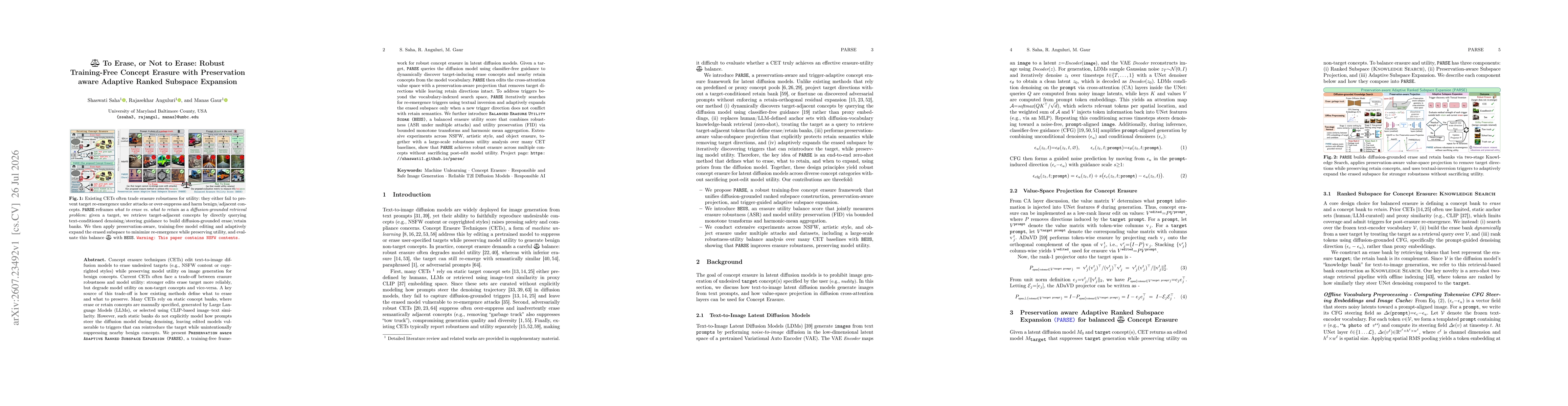 Thumbnail for To Erase, or Not to Erase: Robust Training-Free Concept Erasure with Preservation aware Adaptive Ranked Subspace Expansion