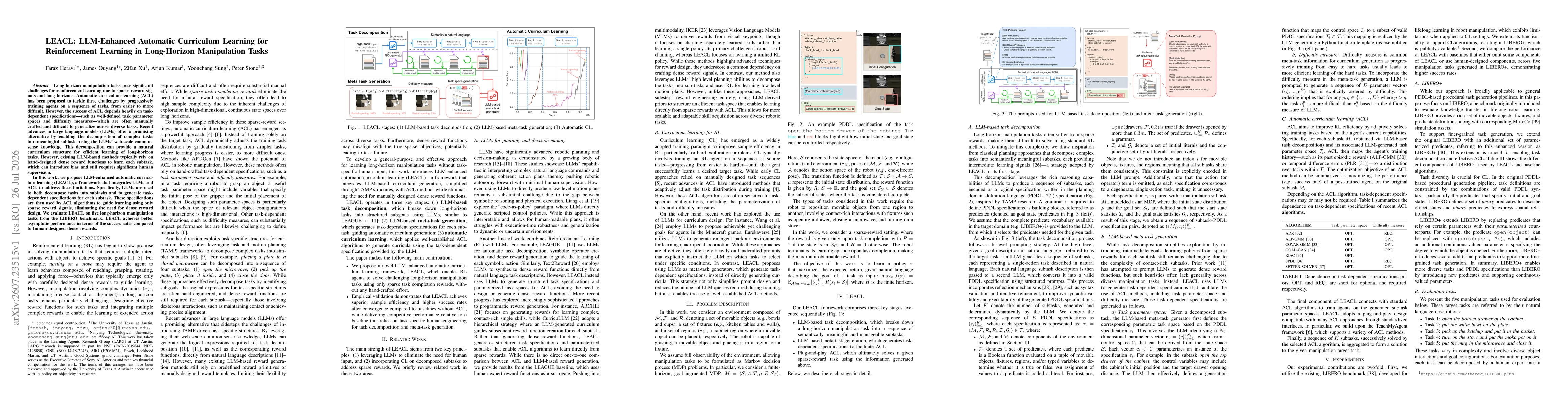 Thumbnail for LEACL: LLM-Enhanced Automatic Curriculum Learning for Reinforcement Learning in Long-Horizon Manipulation Tasks