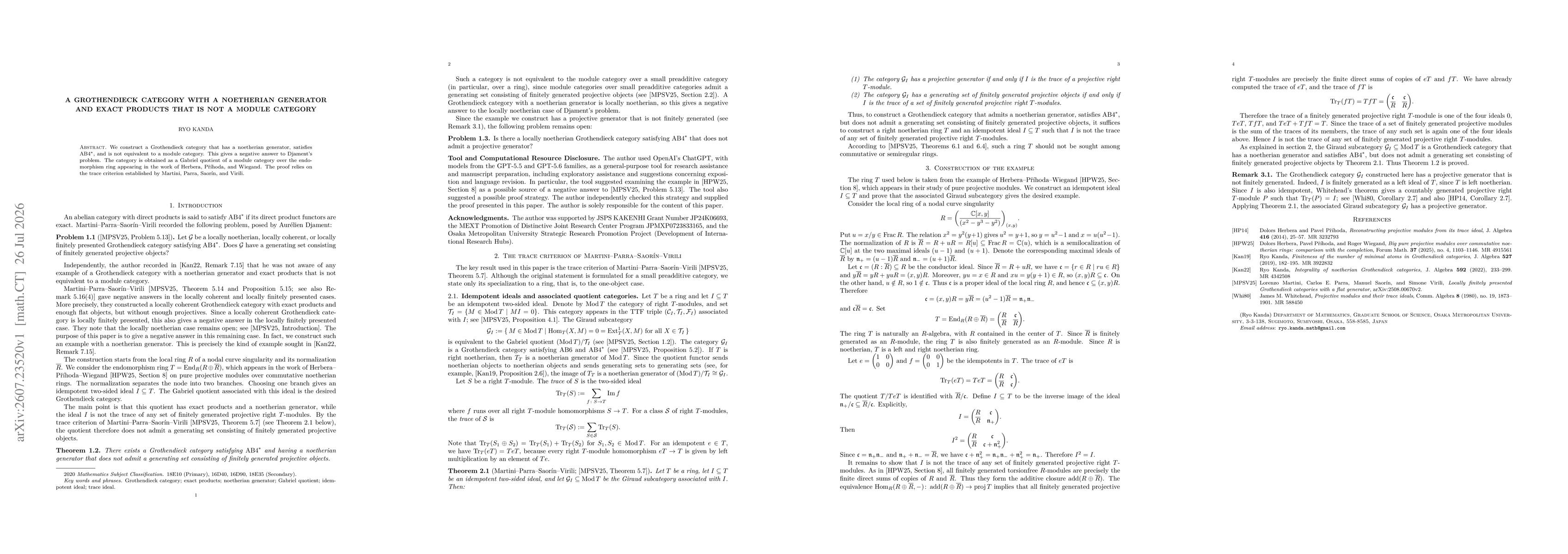 Thumbnail for A Grothendieck category with a noetherian generator and exact products that is not a module category