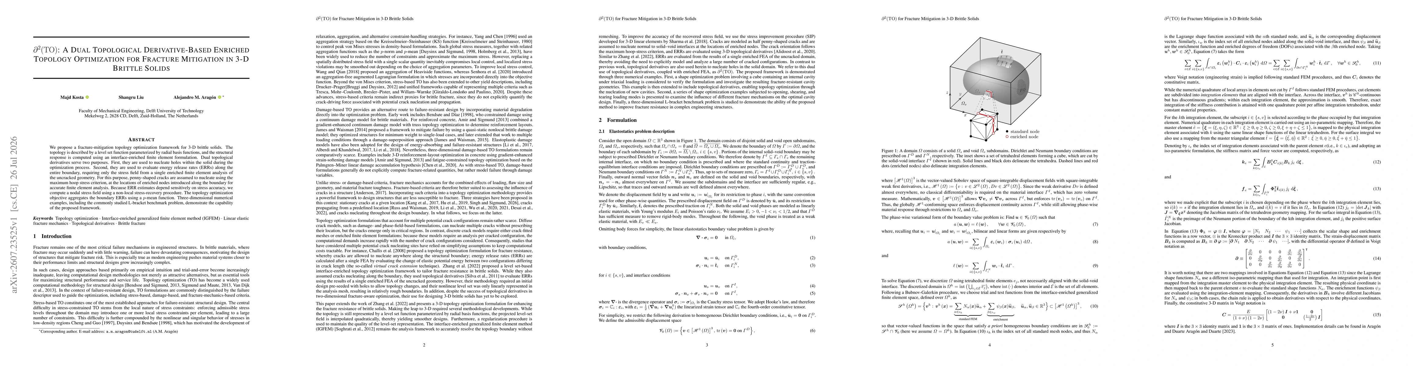 Thumbnail for $\partial^2 ( \mathrm{TO} ) $: A Dual Topological Derivative-Based Enriched Topology Optimization for Fracture Mitigation in 3-D Brittle Solids
