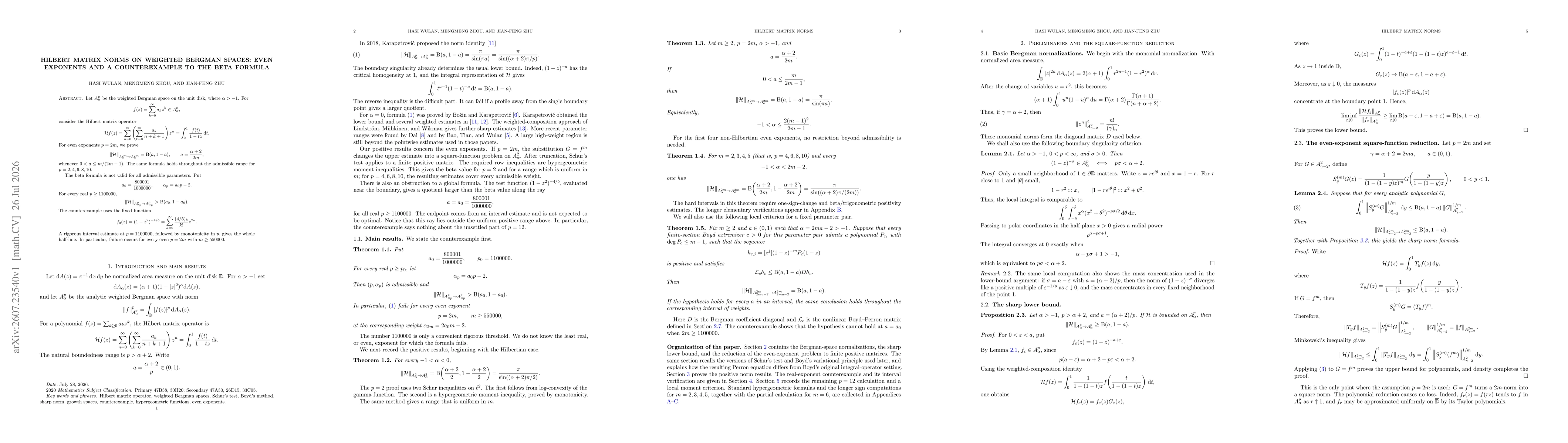 Thumbnail for Hilbert matrix norms on weighted Bergman spaces: even exponents and a counterexample to the beta formula
