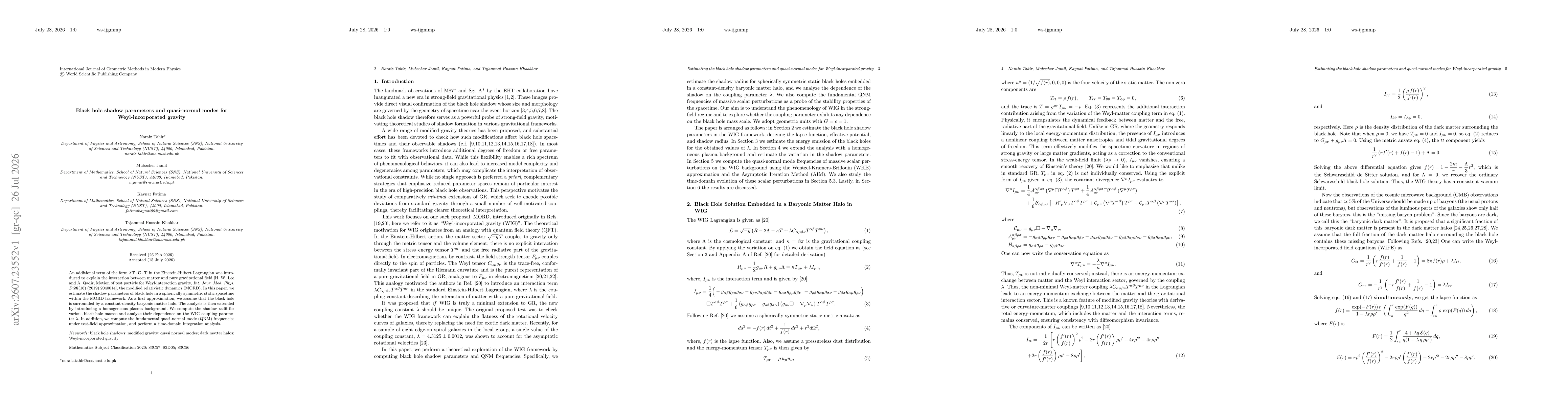Thumbnail for Black hole shadow parameters and quasi-normal modes for Weyl-incorporated gravity