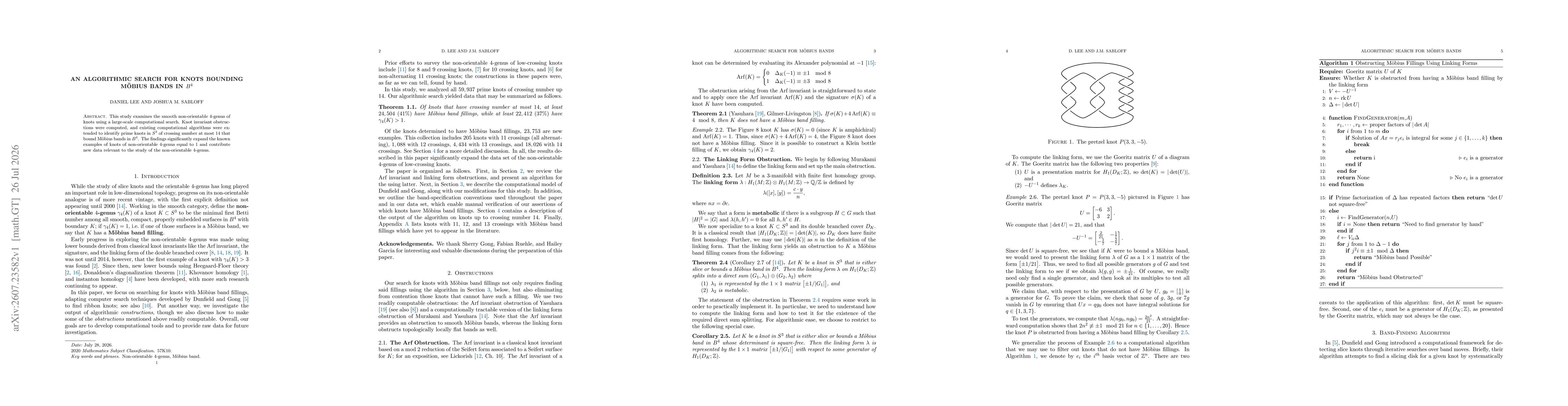 Thumbnail for An Algorithmic Search for Knots Bounding Möbius Bands in $B^4$