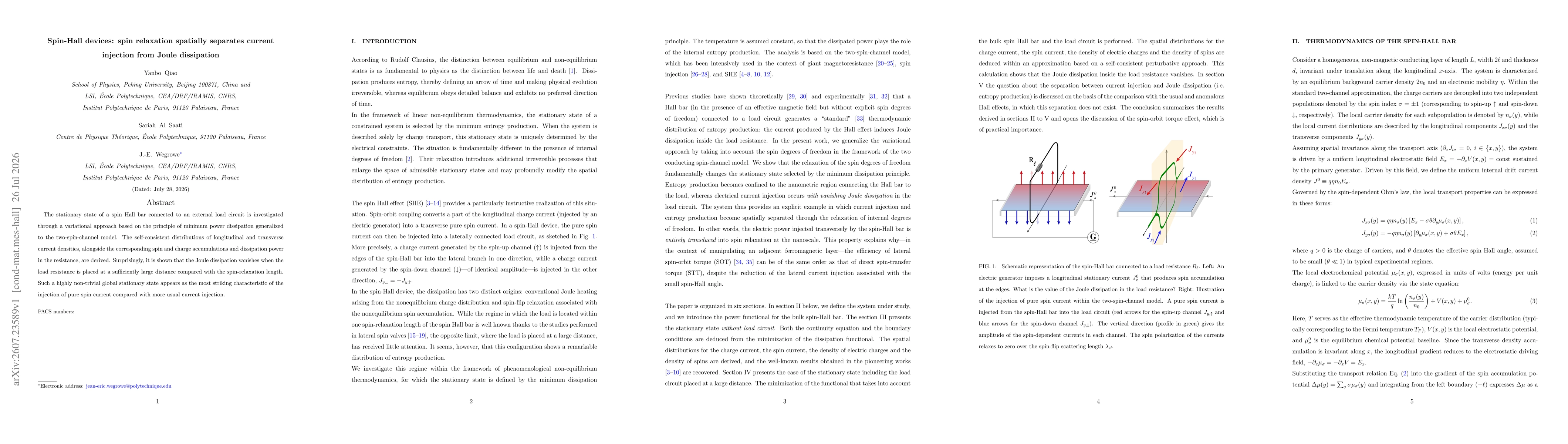 Thumbnail for Spin-Hall devices: spin relaxation spatially separates current injection from Joule dissipation