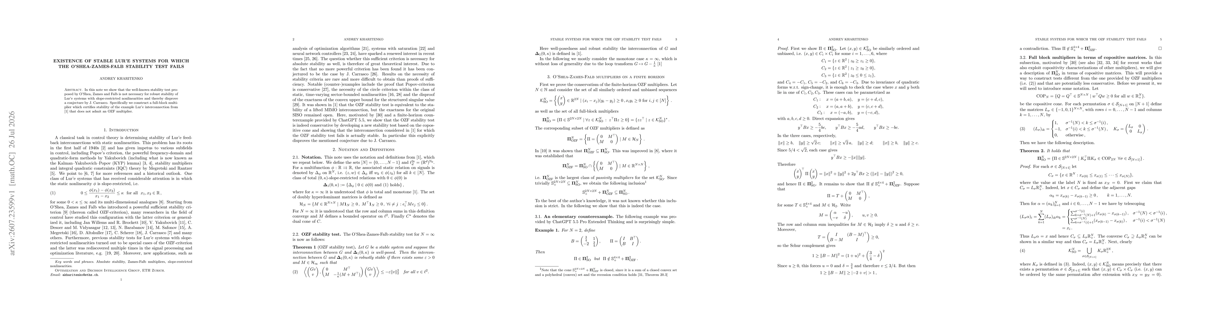 Thumbnail for Existence of stable Lur'e systems for which the O'Shea-Zames-Falb stability test fails