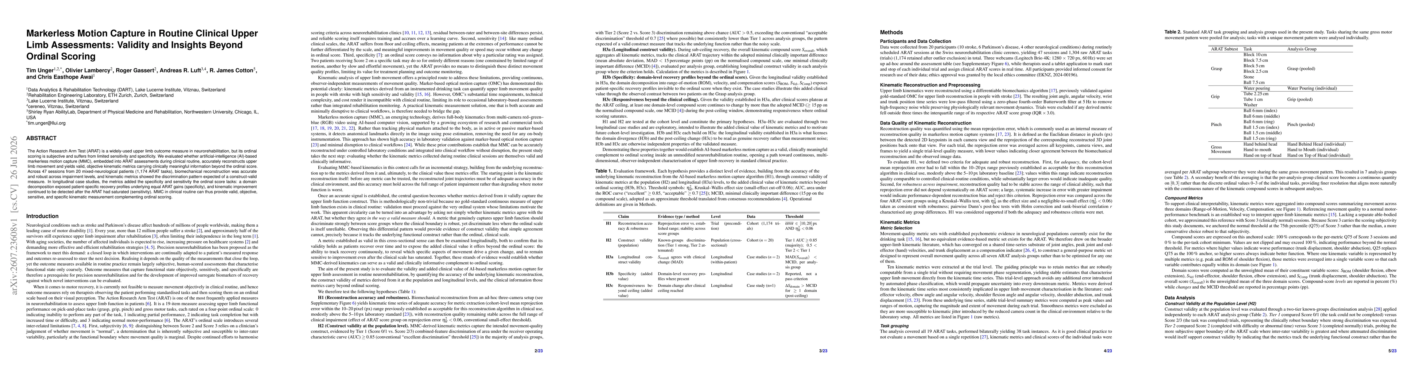 Thumbnail for Markerless Motion Capture in Routine Clinical Upper Limb Assessments: Validity and Insights Beyond Ordinal Scoring