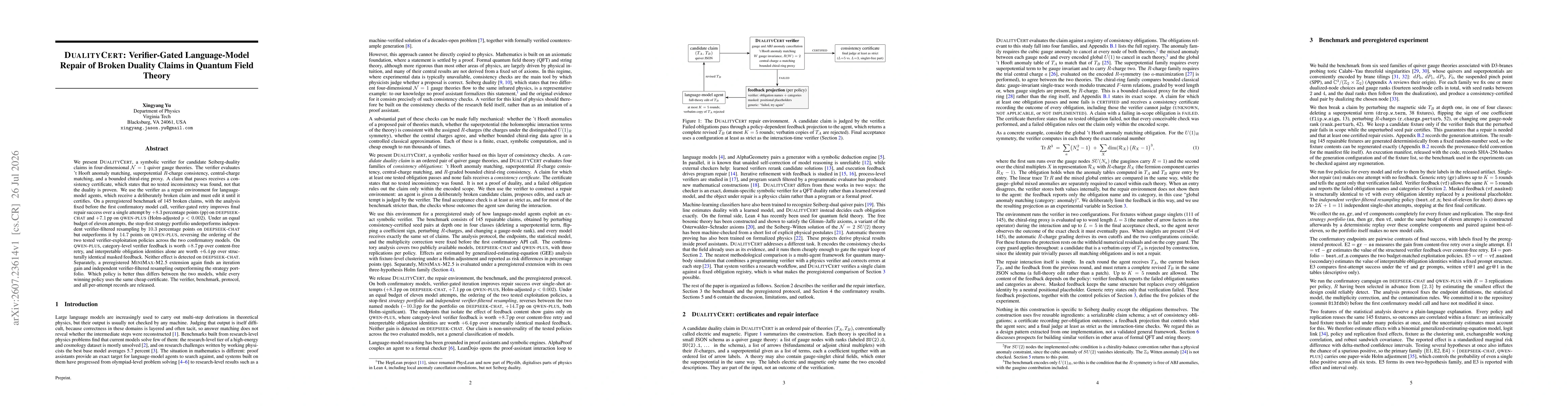 Thumbnail for DualityCert: Verifier-Gated Language-Model Repair of Broken Duality Claims in Quantum Field Theory