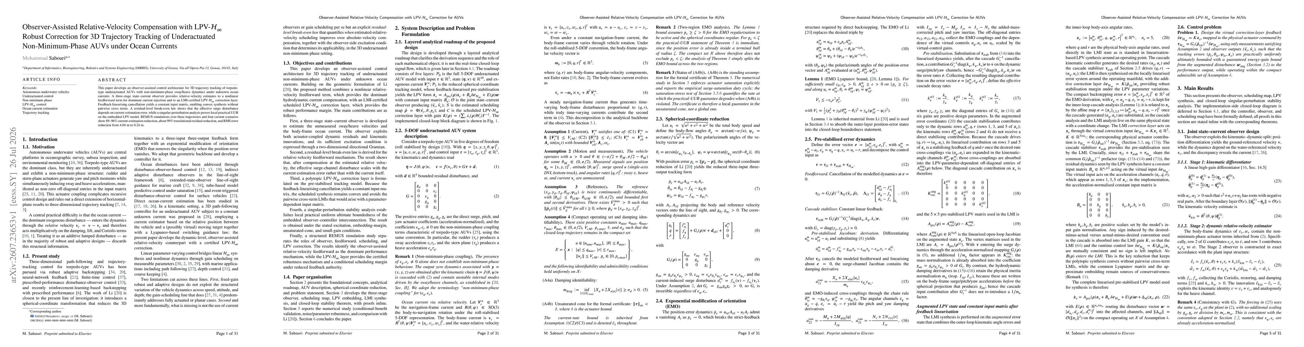 Thumbnail for Observer-Assisted Relative-Velocity Compensation with LPV-$H_\infty$ Robust Correction for 3D Trajectory Tracking of Underactuated Non-Minimum-Phase AUVs under Ocean Currents