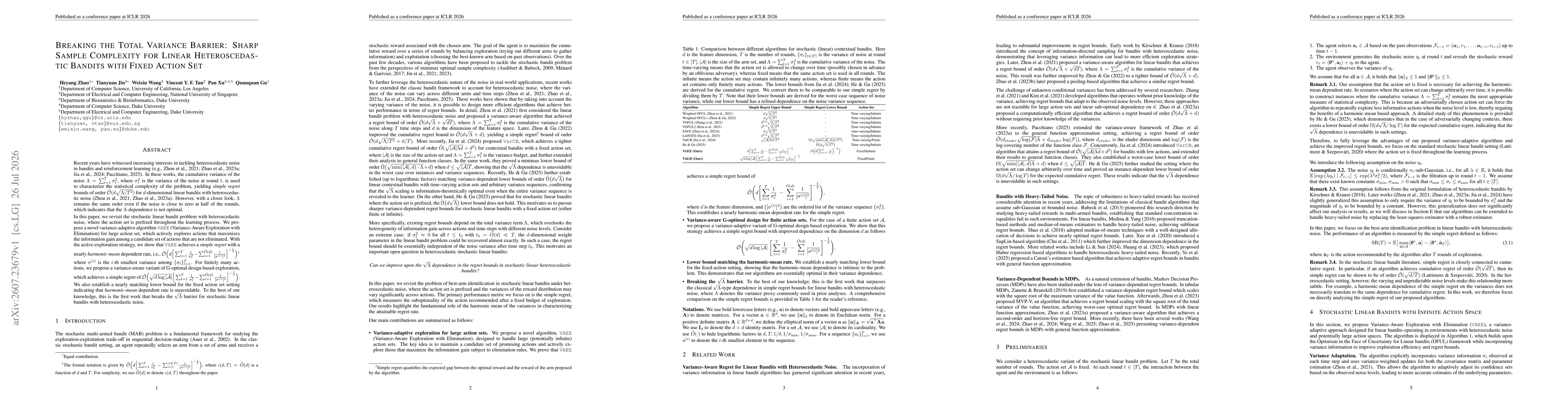 Thumbnail for Breaking the Total Variance Barrier: Sharp Sample Complexity for Linear Heteroscedastic Bandits with Fixed Action Set