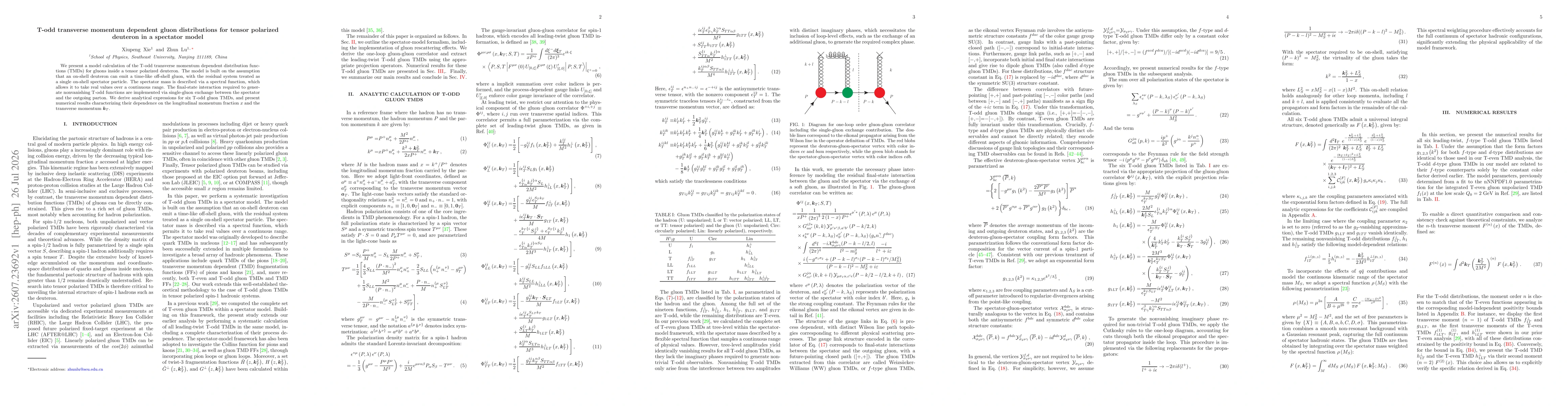 Thumbnail for T-odd transverse momentum dependent gluon distributions for tensor polarized deuteron in a spectator model