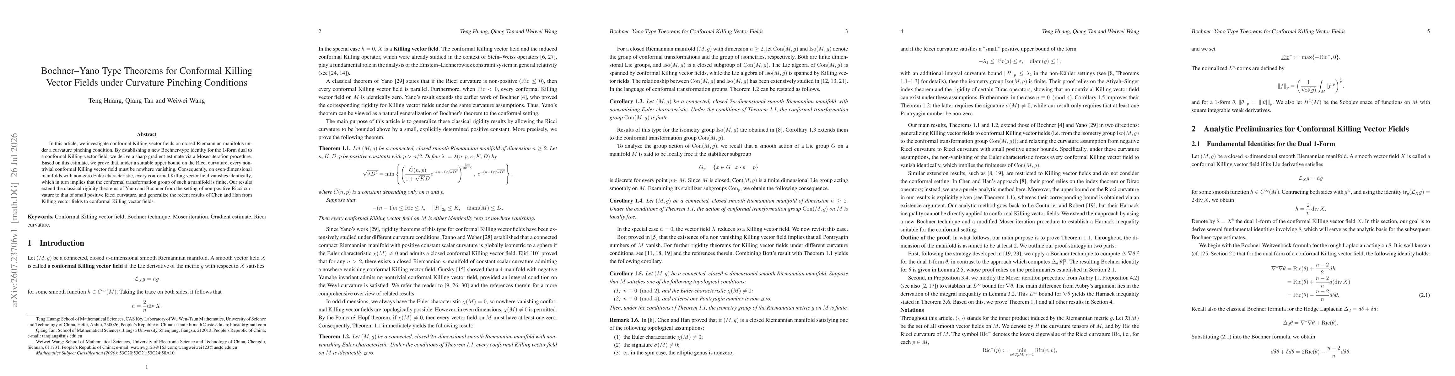 Thumbnail for Bochner-Yano Type Theorems for Conformal Killing Vector Fields under Curvature Pinching Conditions