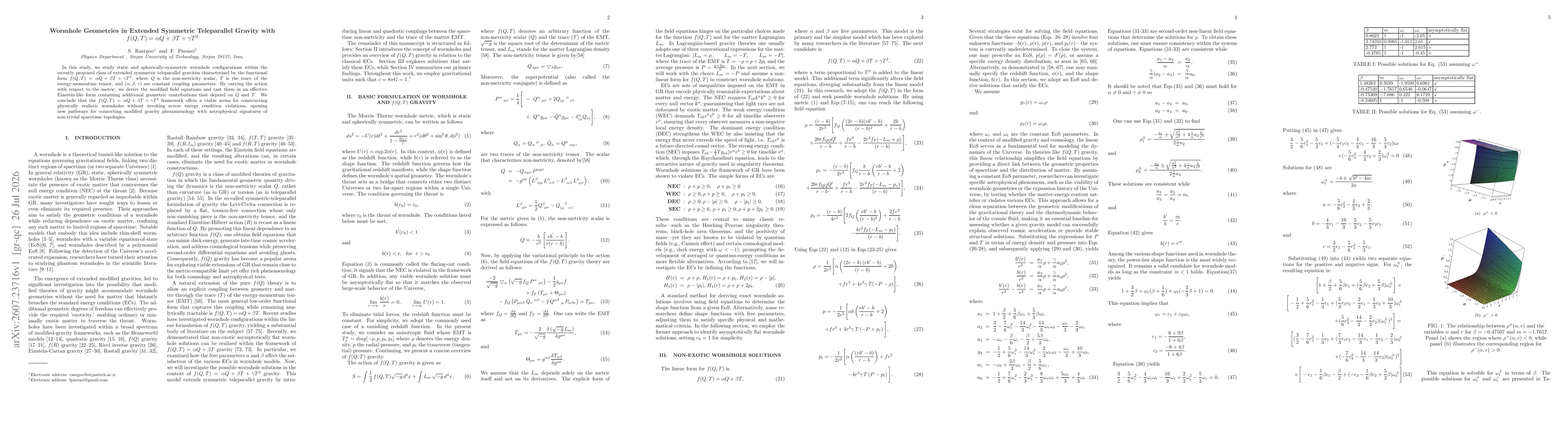 Thumbnail for Wormhole Geometries in Extended Symmetric Teleparallel Gravity with $f(Q, T) = αQ + βT + γT^2$