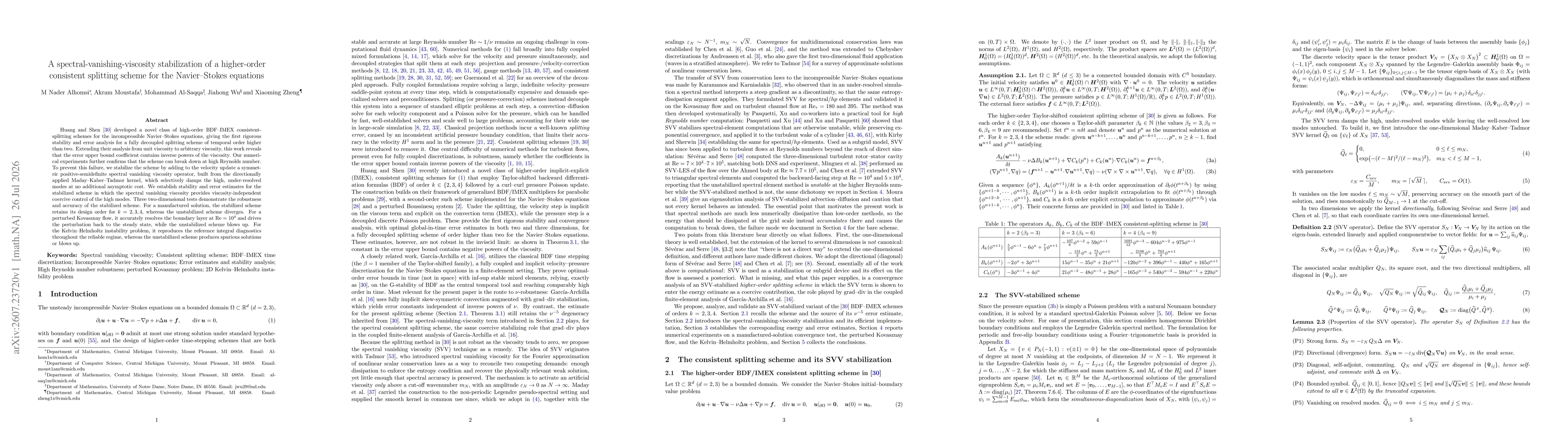 Thumbnail for A spectral-vanishing-viscosity stabilization of a higher-order consistent splitting scheme for the Navier-Stokes equations
