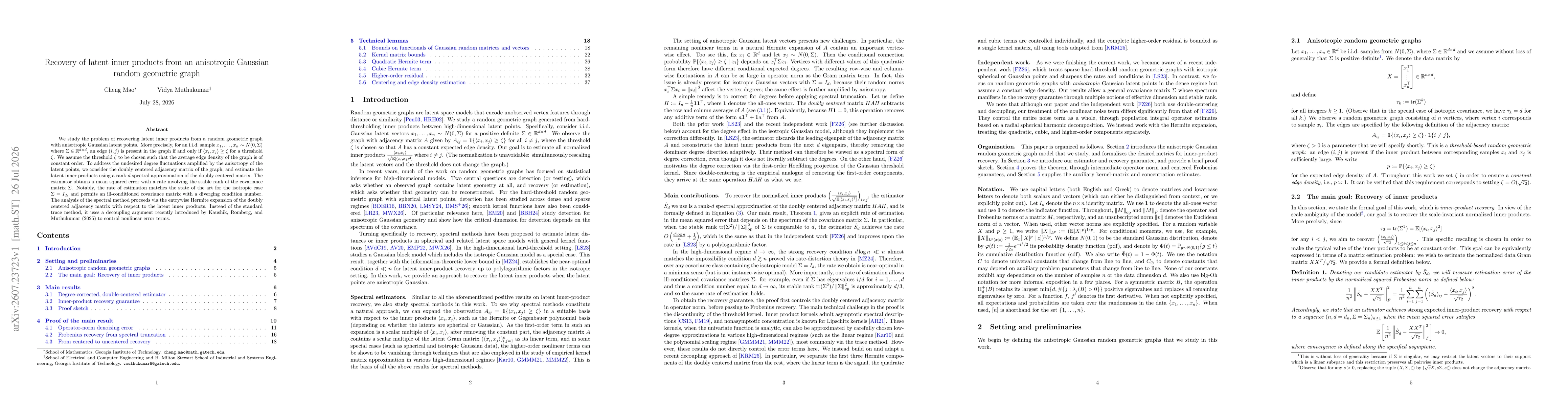 Thumbnail for Recovery of latent inner products from an anisotropic Gaussian random geometric graph
