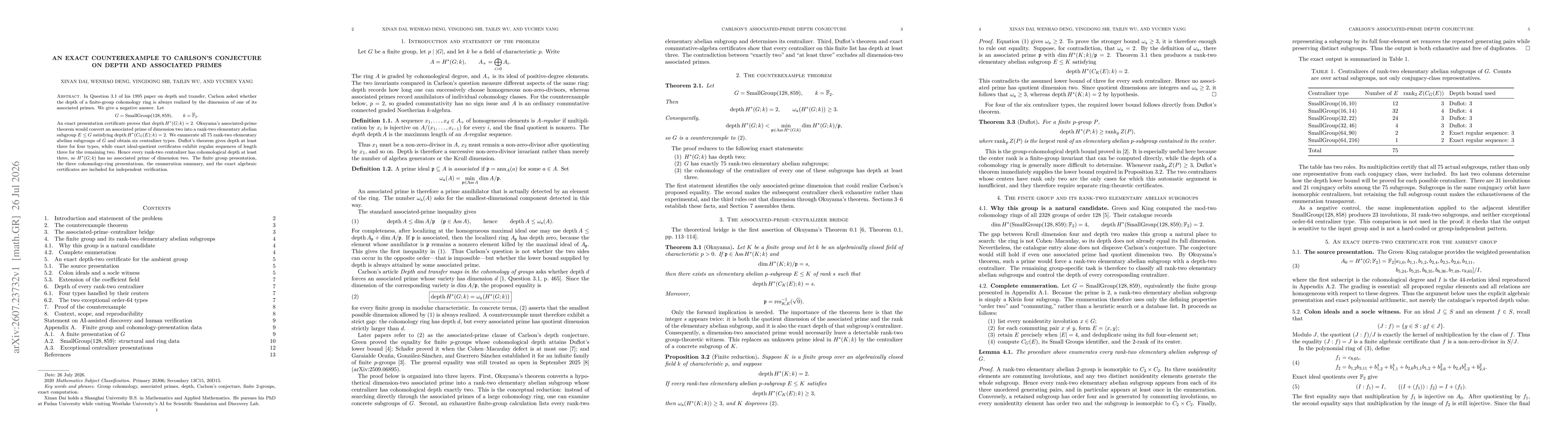 Thumbnail for An Exact Counterexample to Carlson's Associated-Prime Depth Conjecture from a Group of Order 128