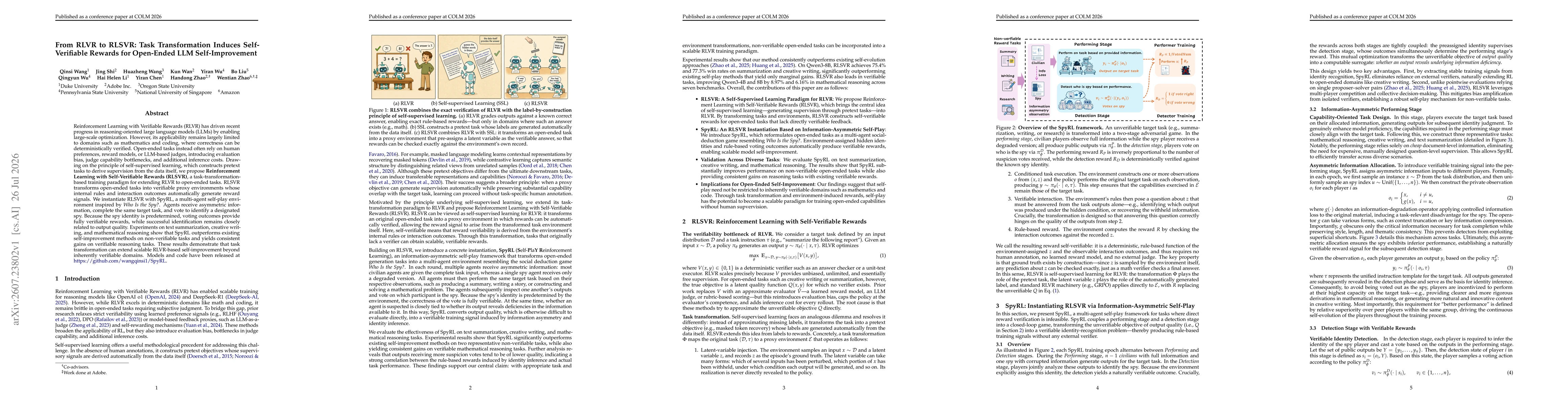Thumbnail for From RLVR to RLSVR: Task Transformation Induces Self-Verifiable Rewards for Open-Ended LLM Self-Improvement