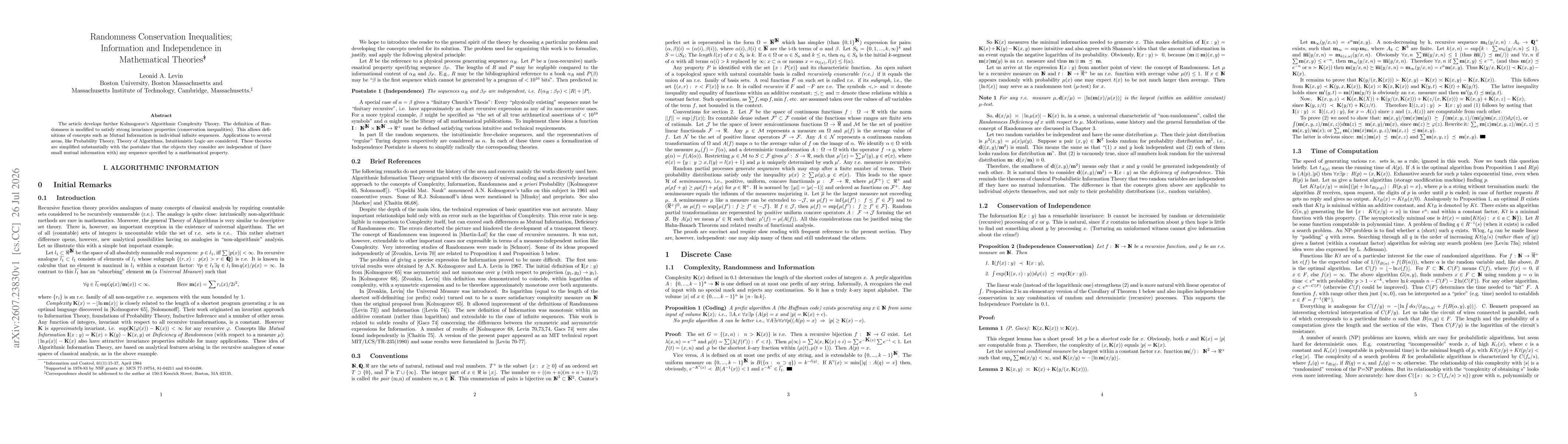 Thumbnail for Randomness Conservation Inequalities; Information and Independence in Mathematical Theories
