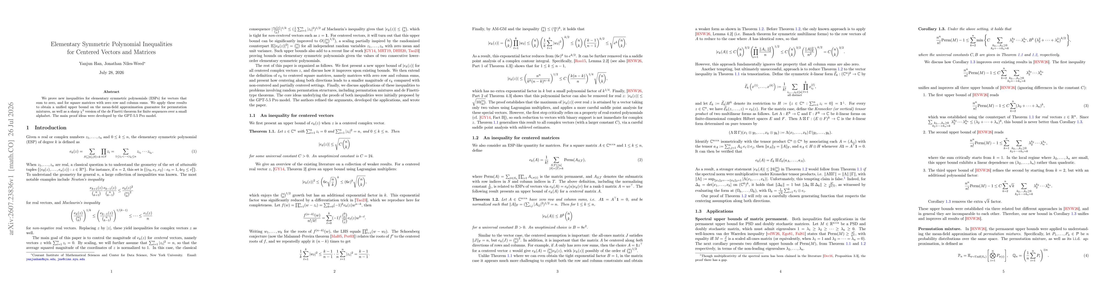 Thumbnail for Elementary Symmetric Polynomial Inequalities for Centered Vectors and Matrices