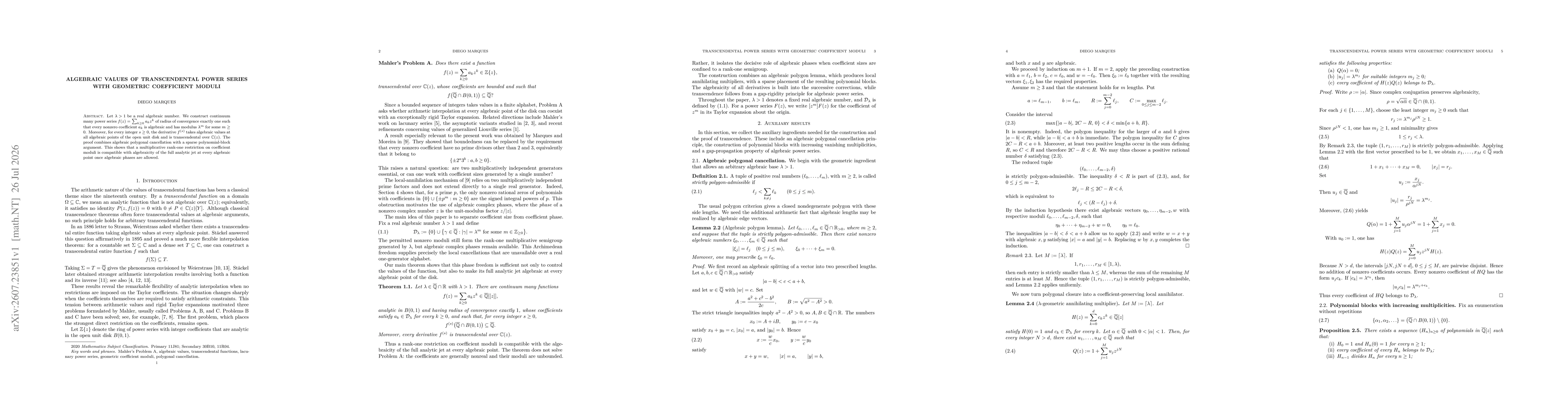 Thumbnail for Algebraic values of transcendental power series with geometric coefficient moduli