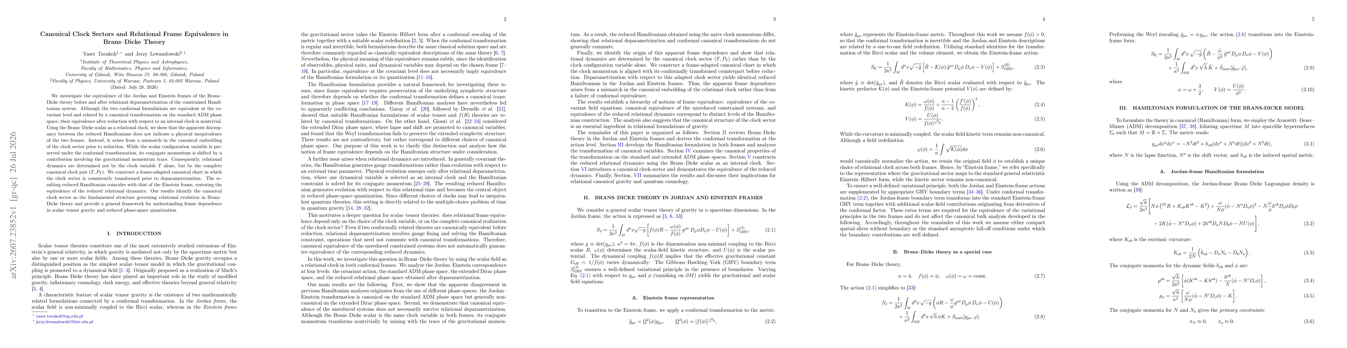 Thumbnail for Canonical Clock Sectors and Relational Frame Equivalence in Brans--Dicke Theory