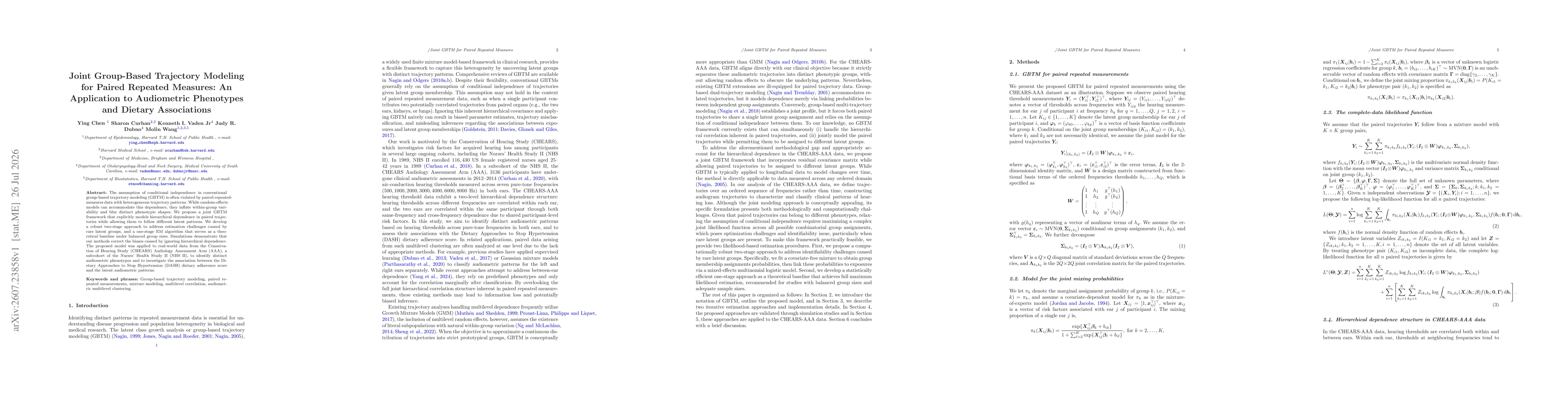 Thumbnail for Joint Group-Based Trajectory Modeling for Paired Repeated Measures: An Application to Audiometric Phenotypes and Dietary Associations