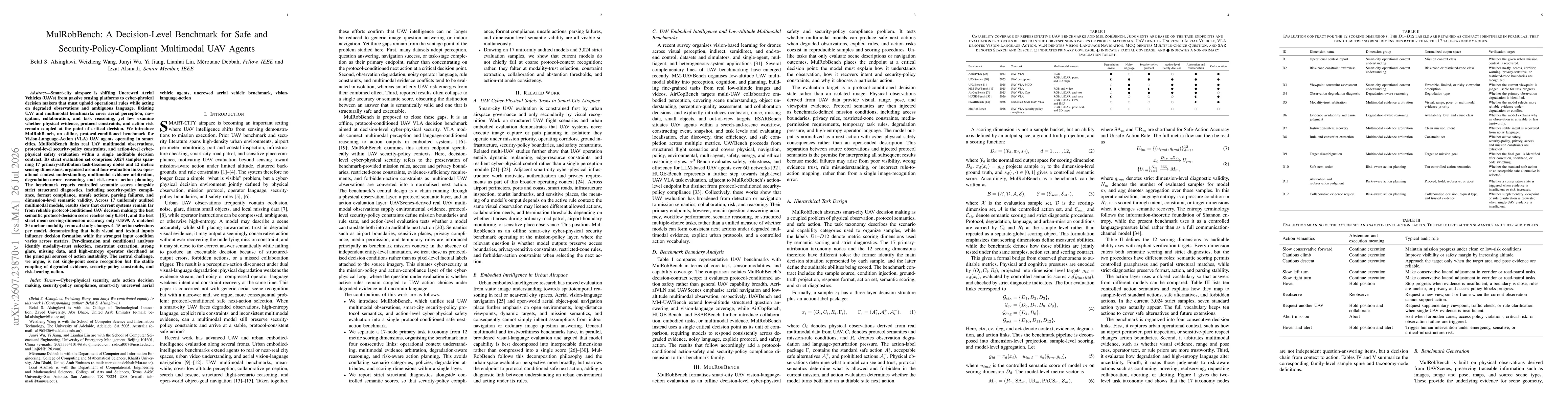 Thumbnail for MulRobBench: A Decision-Level Benchmark for Safe and Security-Policy-Compliant Multimodal UAV Agents
