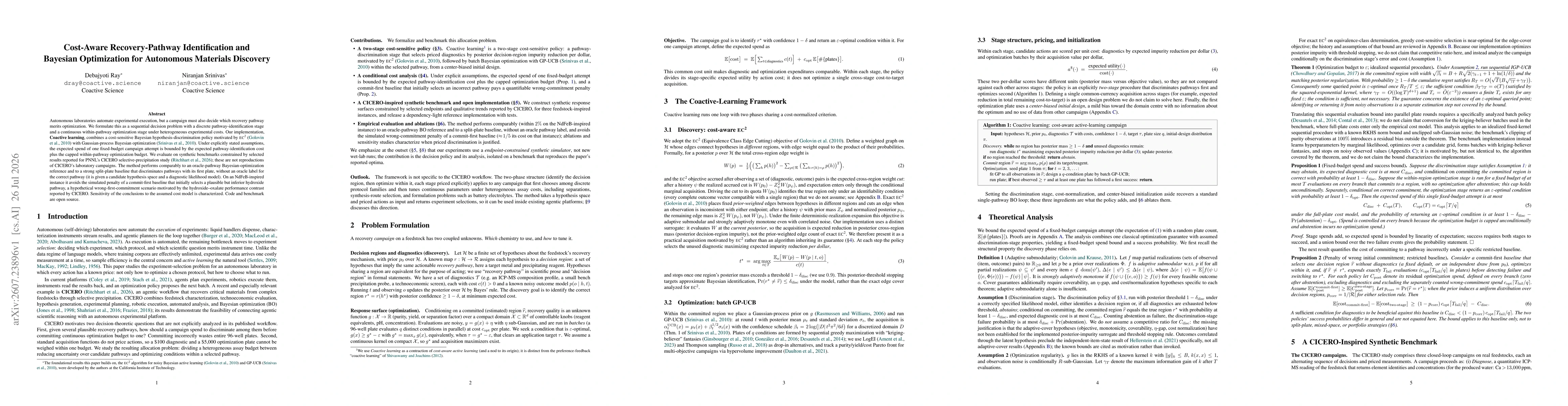 Thumbnail for Cost-Aware Recovery-Pathway Identification and Bayesian Optimization for Autonomous Materials Discovery