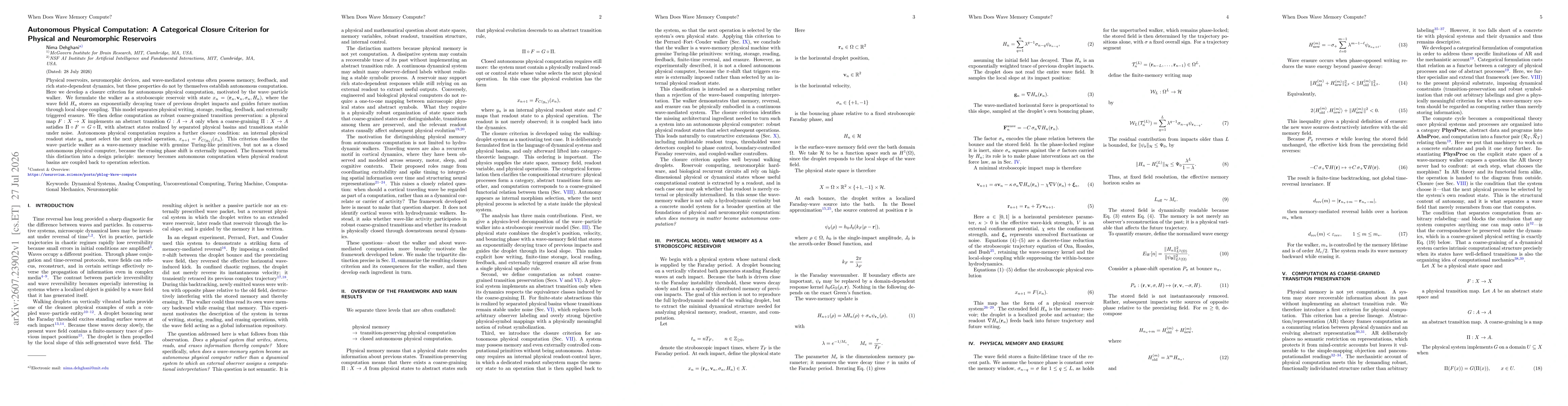 Thumbnail for Autonomous Physical Computation: A Categorical Closure Criterion for Physical and Neuromorphic Reservoirs