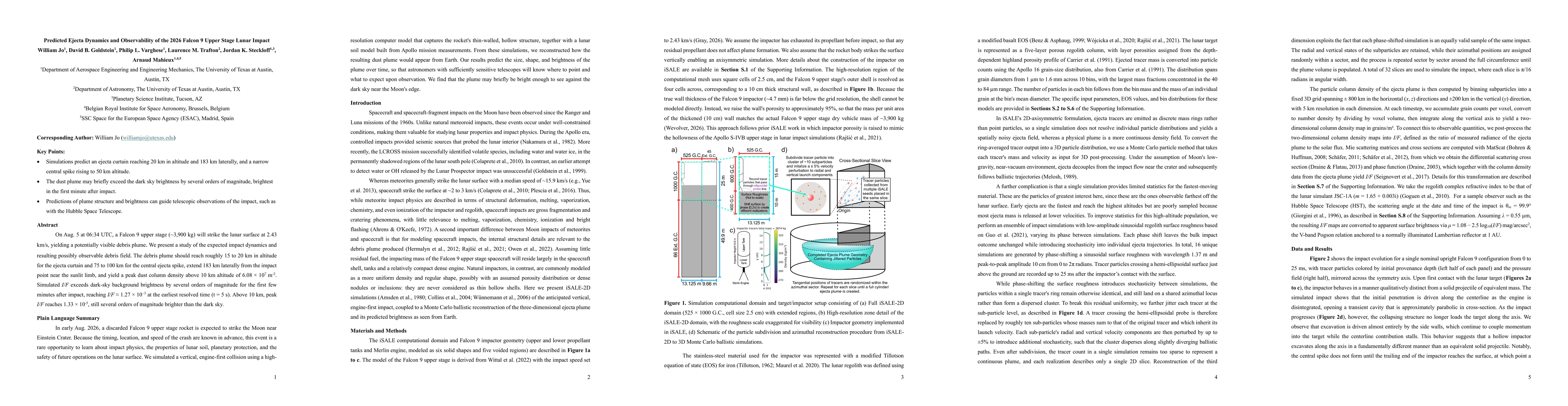 Thumbnail for Predicted Ejecta Dynamics and Observability of the 2026 Falcon 9 Upper Stage Lunar Impact