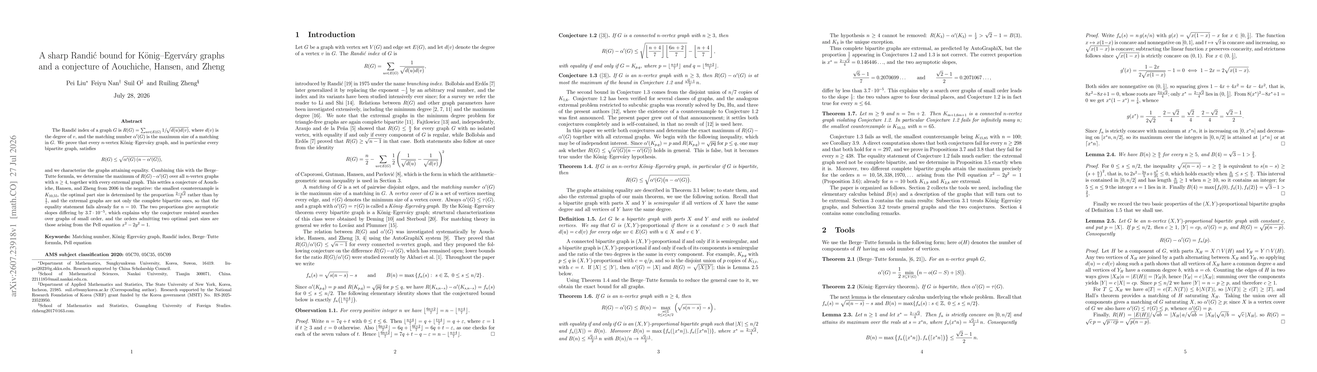Thumbnail for A sharp Randić bound for König--Egerváry graphs and a conjecture of Aouchiche, Hansen, and Zheng