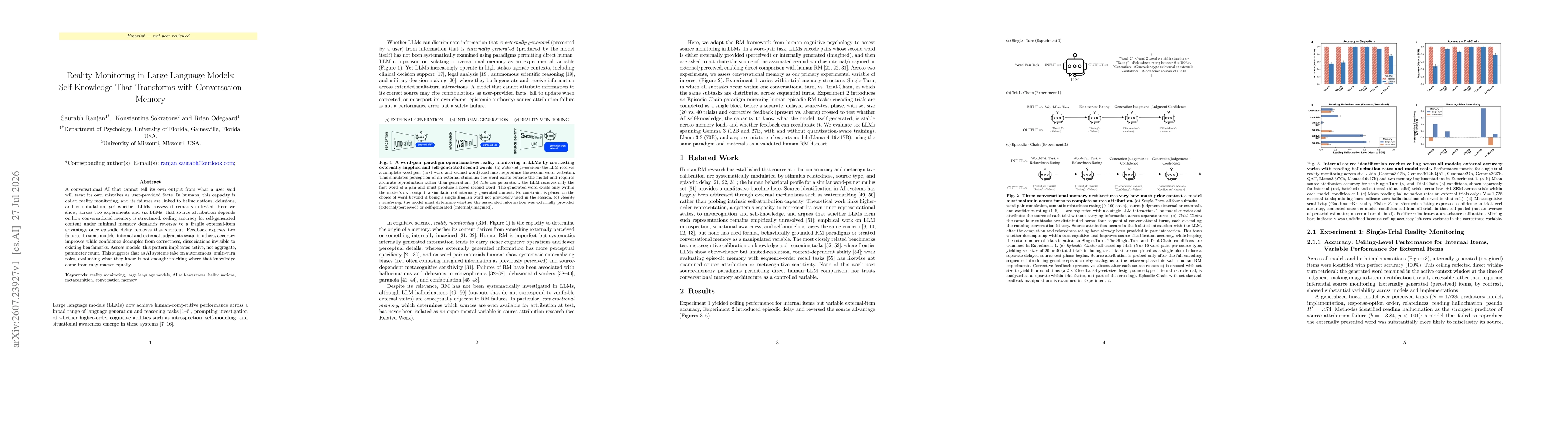 Thumbnail for Reality Monitoring in Large Language Models: Self-Knowledge That Transforms with Conversation Memory