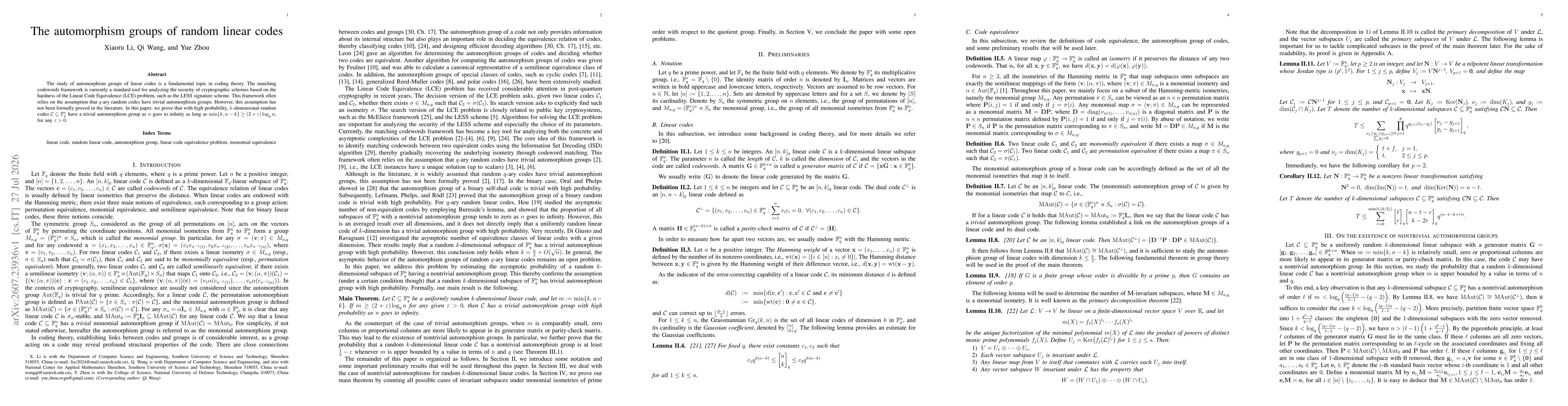 Thumbnail for The automorphism groups of random linear codes