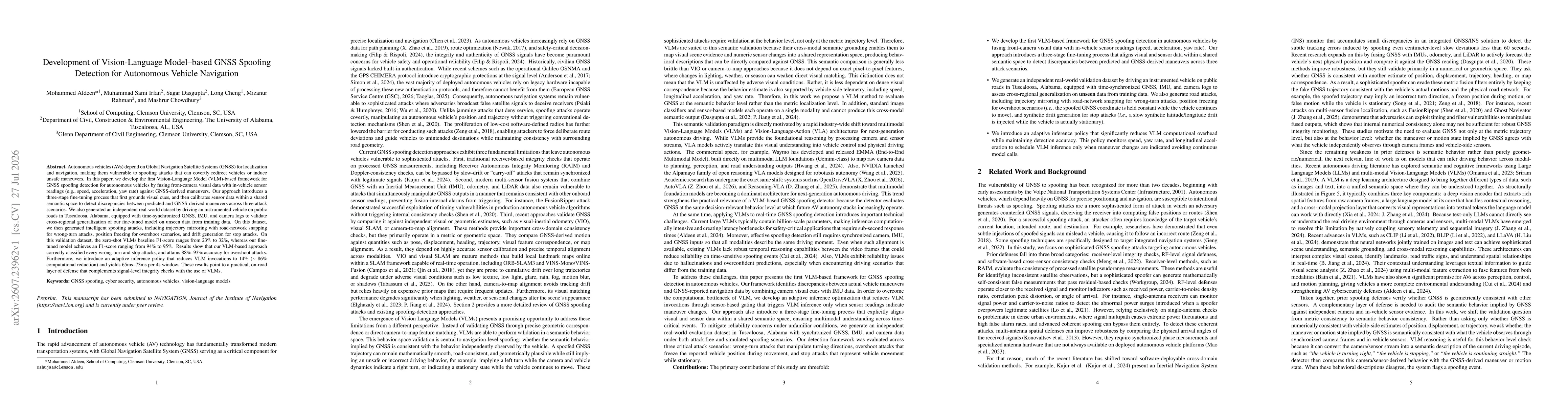 Thumbnail for Development of Vision-Language Model-based GNSS Spoofing Detection for Autonomous Vehicle Navigation