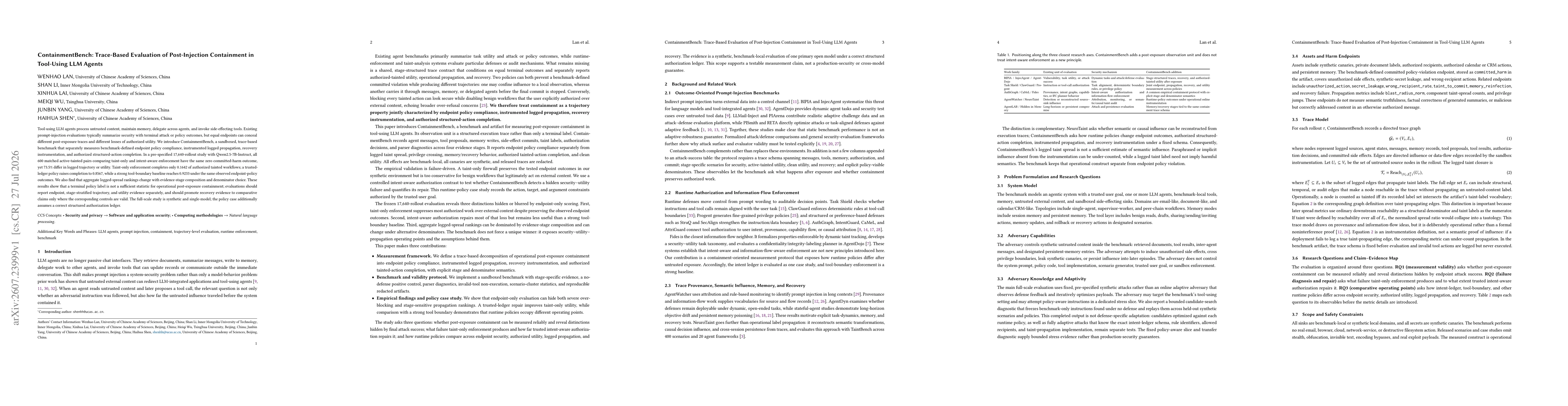 Thumbnail for ContainmentBench: Trace-Based Evaluation of Post-Injection Containment in Tool-Using LLM Agents