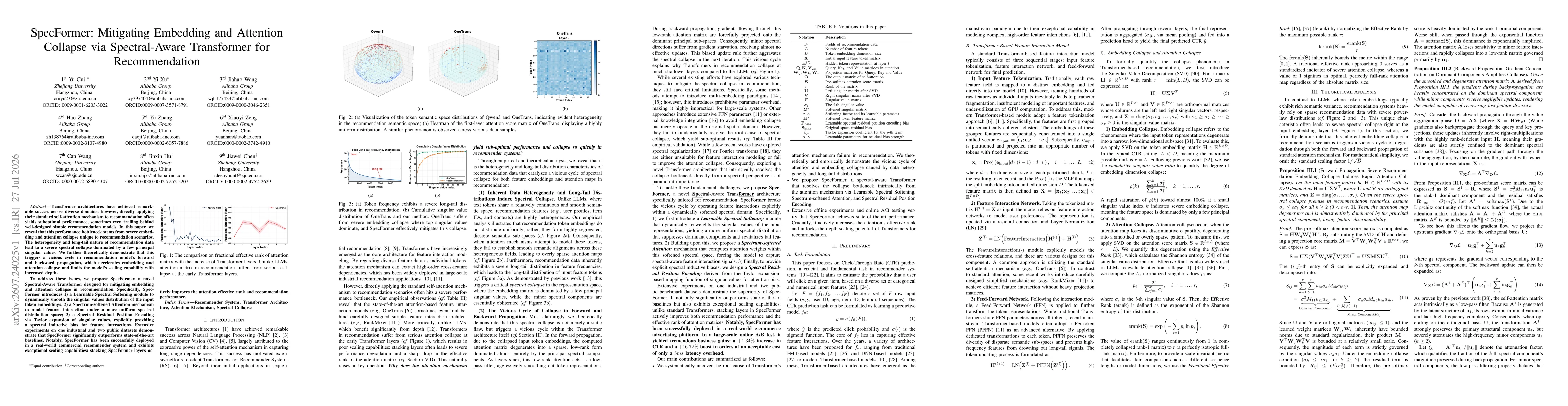 Thumbnail for SpecFormer: Mitigating Embedding and Attention Collapse via Spectral-Aware Transformer for Recommendation
