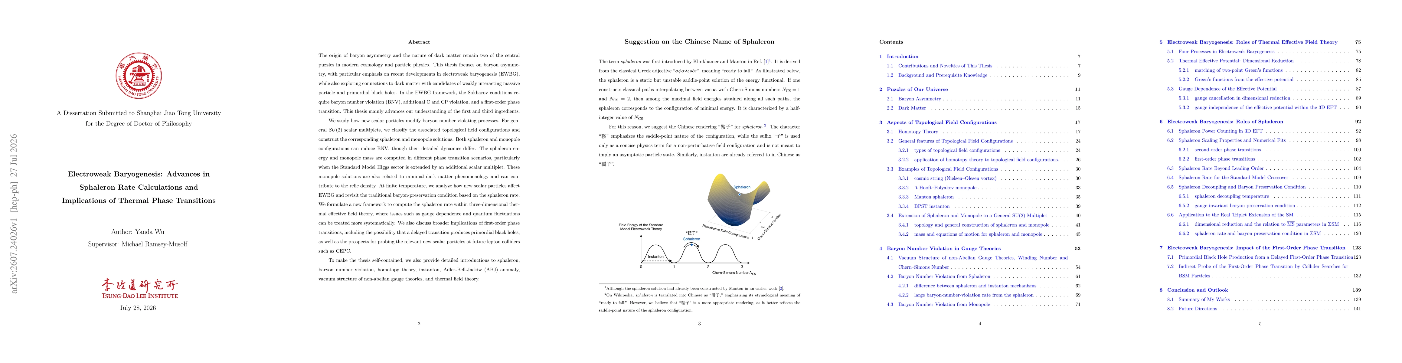 Thumbnail for Electroweak Baryogenesis: Advances in Sphaleron Rate Calculations and Implications of Thermal Phase Transitions
