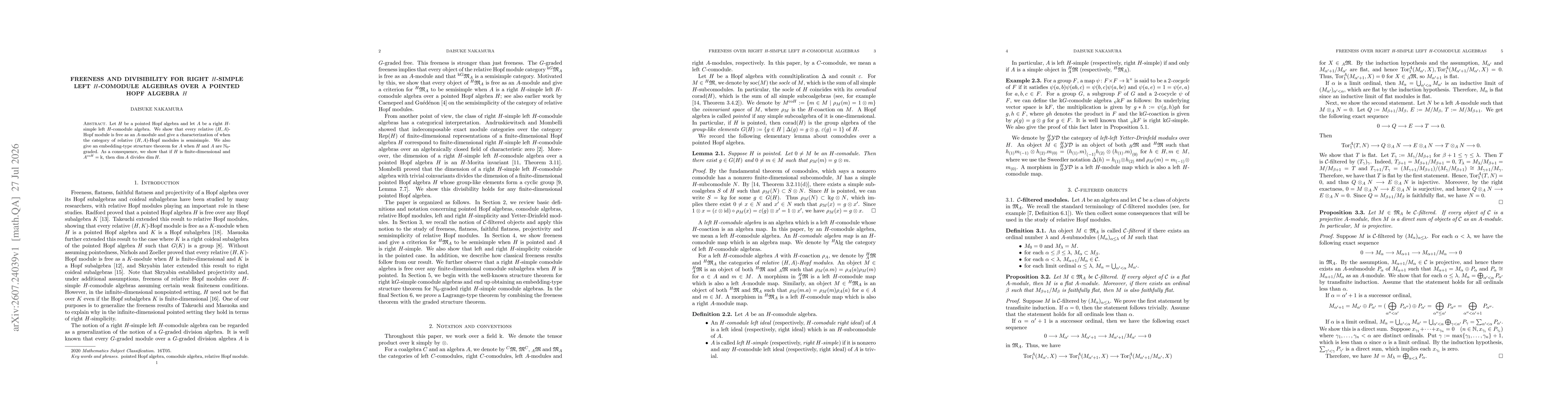 Thumbnail for Freeness and divisibility for right $H$-simple left $H$-comodule algebras over a pointed Hopf algebra $H$