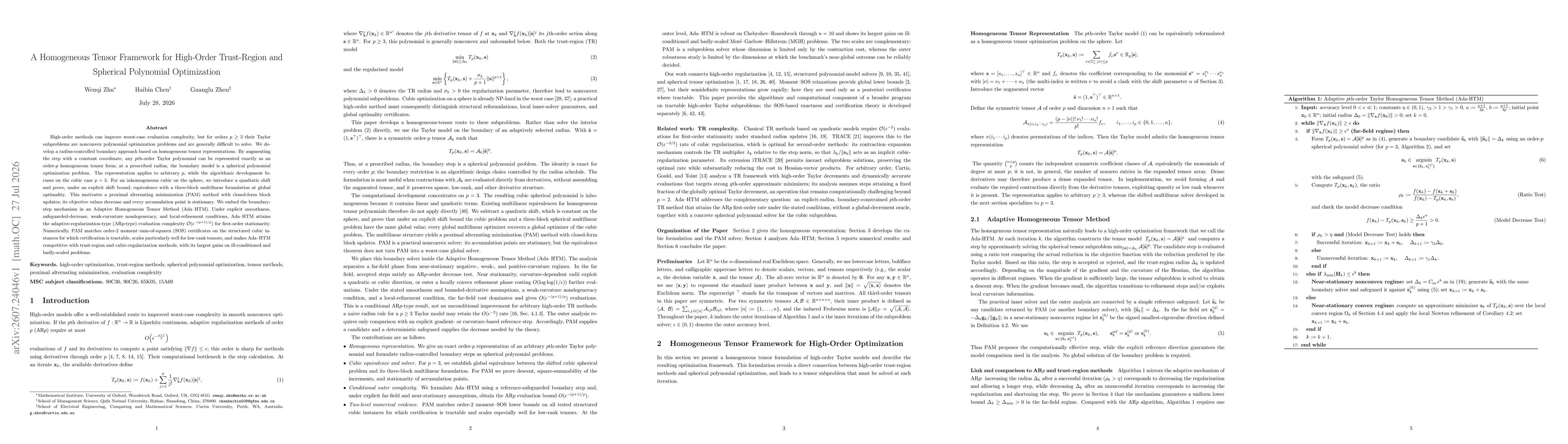 Thumbnail for A Homogeneous Tensor Framework for High-Order Trust-Region and Spherical Polynomial Optimization