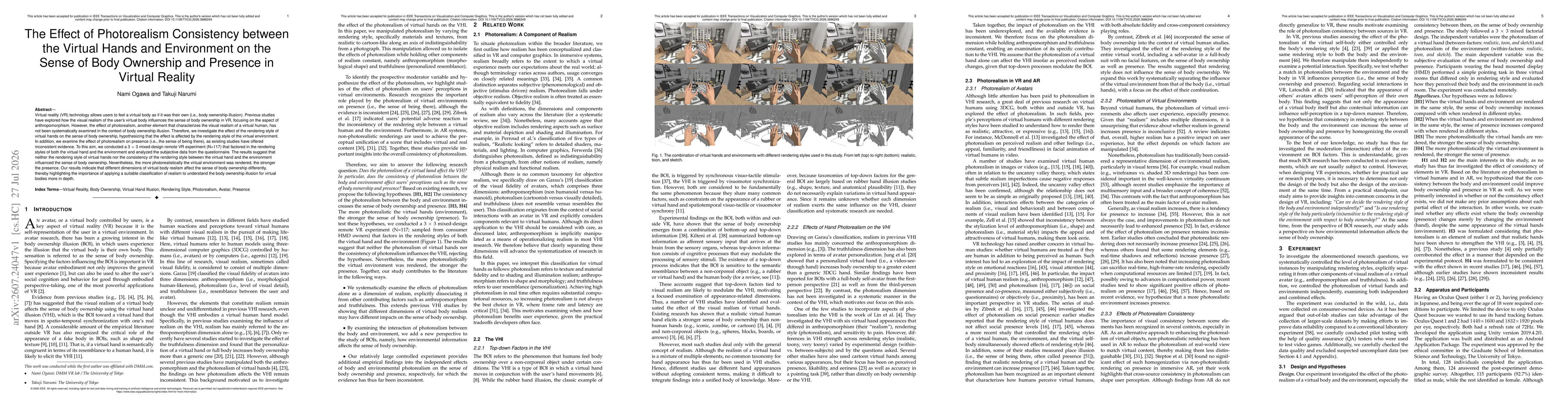Thumbnail for The Effect of Photorealism Consistency between the Virtual Hands and Environment on the Sense of Body Ownership and Presence in Virtual Reality