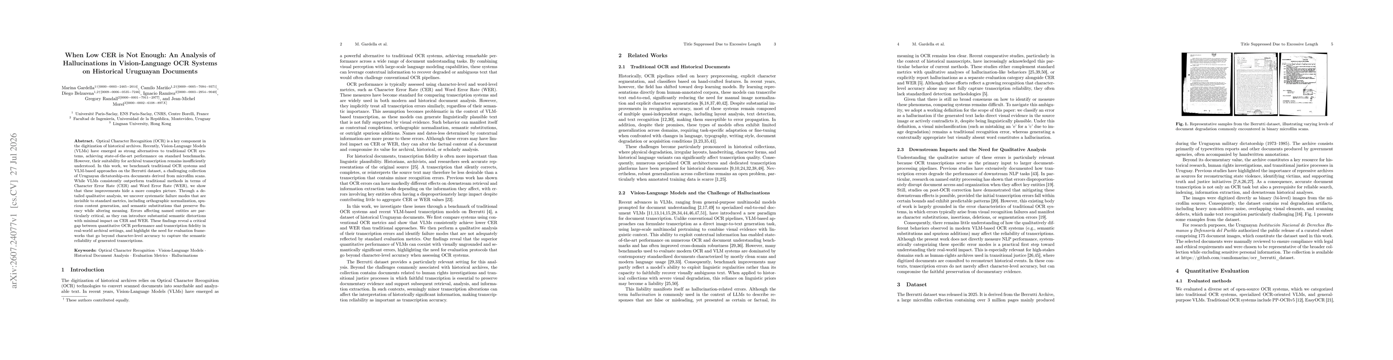 Thumbnail for When Low CER is Not Enough: An Analysis of Hallucinations in Vision-Language OCR Systems on Historical Uruguayan Documents