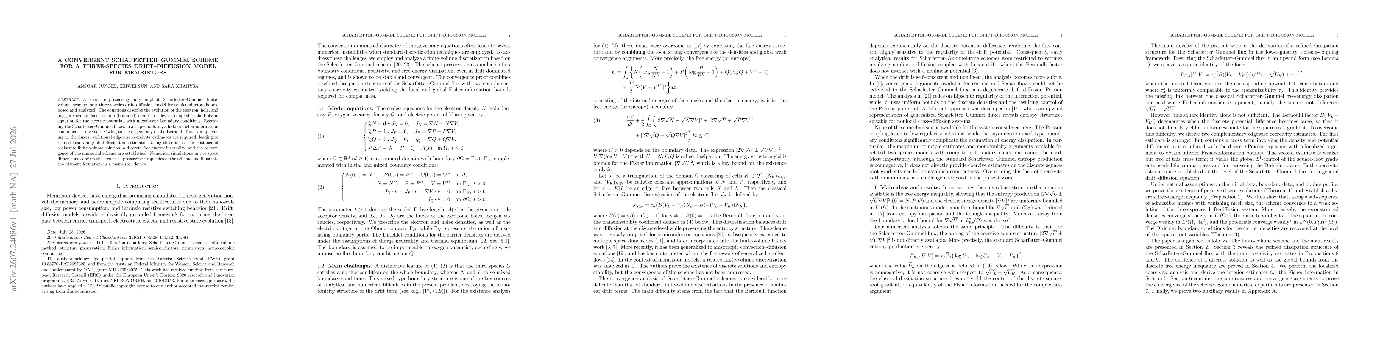 Thumbnail for A convergent Scharfetter-Gummel scheme for a three-species drift-diffusion model for memristors