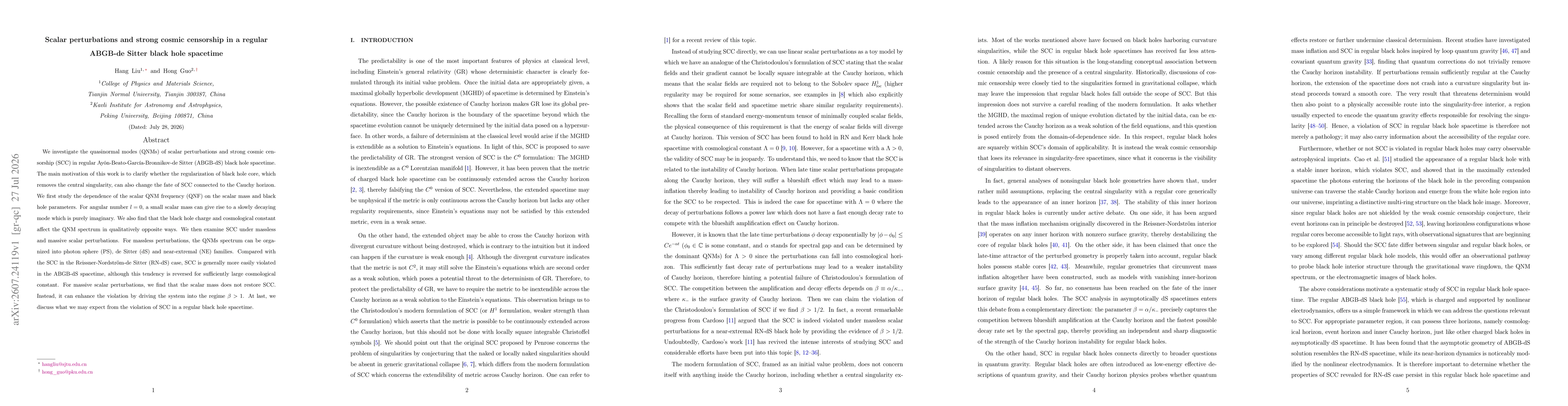 Thumbnail for Scalar perturbations and strong cosmic censorship in a regular ABGB-de Sitter black hole spacetime