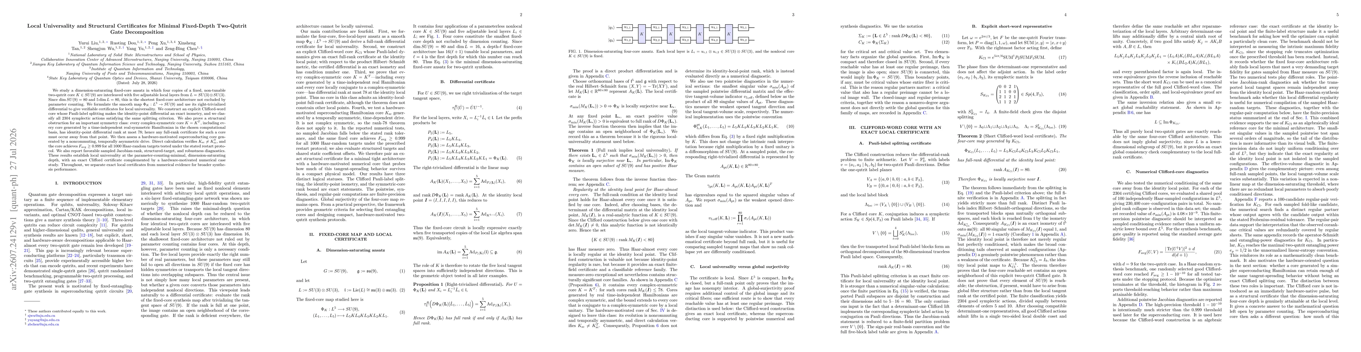 Thumbnail for Local Universality and Structural Certificates for Minimal Fixed-Depth Two-Qutrit Gate Decomposition