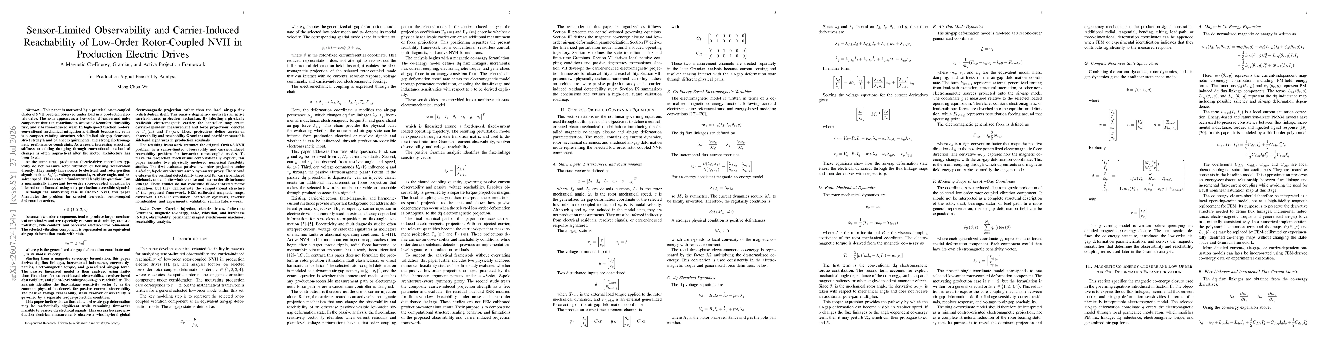 Thumbnail for Sensor-Limited Observability and Carrier-Induced Reachability of Low-Order Rotor-Coupled NVH in Production Electric Drives: A Magnetic Co-Energy, Gramian, and Active Projection Framework for Production-Signal Feasibility Analysis